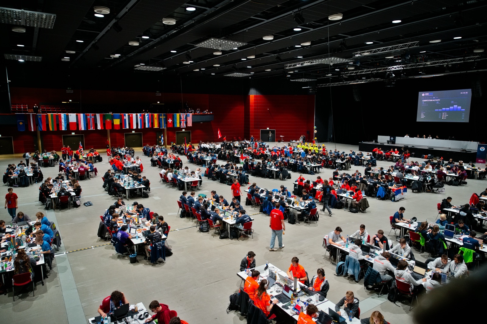 The competition hall with competitors at their tables