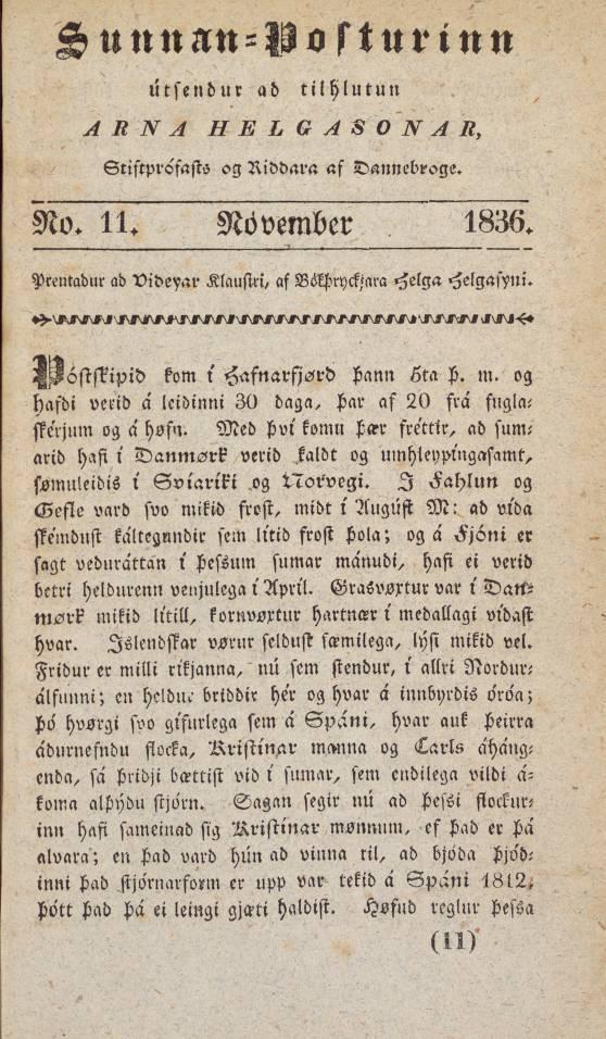 Sunnan-Posturinn, No. 11, November 1836. Source: Tímarit.is
